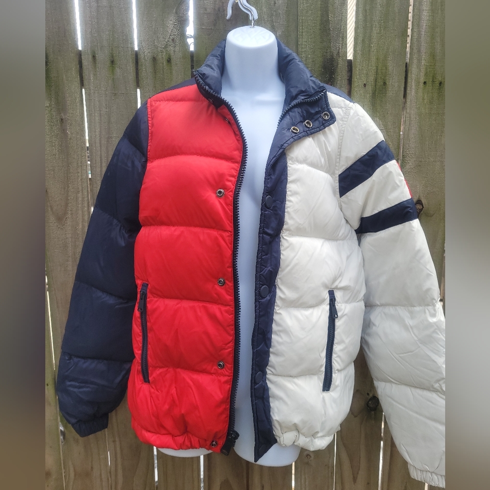Tommy Hilfiger Mens Elite Puffer Jacket Colorblock Duck Down Zip Pockets Warm XS
